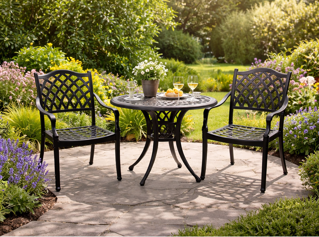 Elana 3-Piece Patio Dining Set for 2 – Cast Aluminum Outdoor Table & Chairs, Black with Umbrella Hole (Movients)