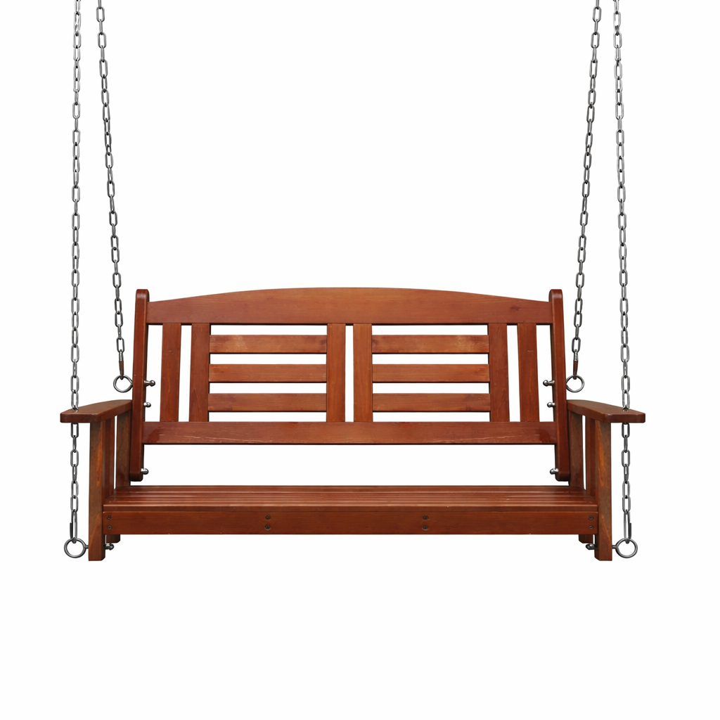 Harmony 2-Person Wooden Swing Chair with Chains – Outdoor Hanging Bench Reddish Brown Fir Wood (Movients)