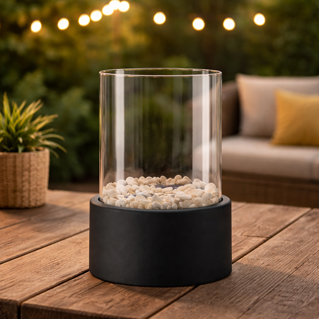 Portable Tabletop Bioethanol Fireplace with Glass Panels – Indoor Decorative Fire Feature Metal Base Design (Movients)