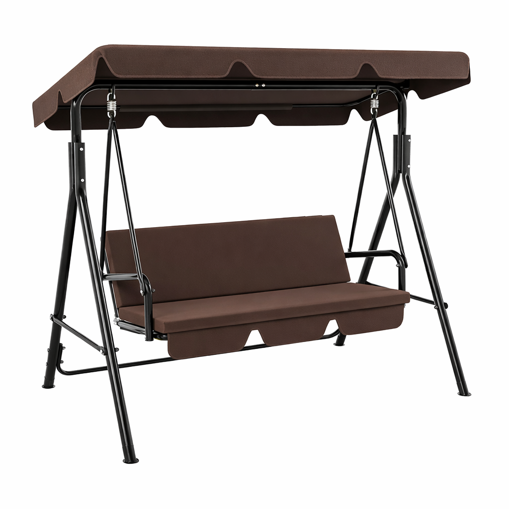 Bliss 3-Person Outdoor Swing Chair with Adjustable Canopy – Patio Swing Bench with Cushions Brown (Movients)