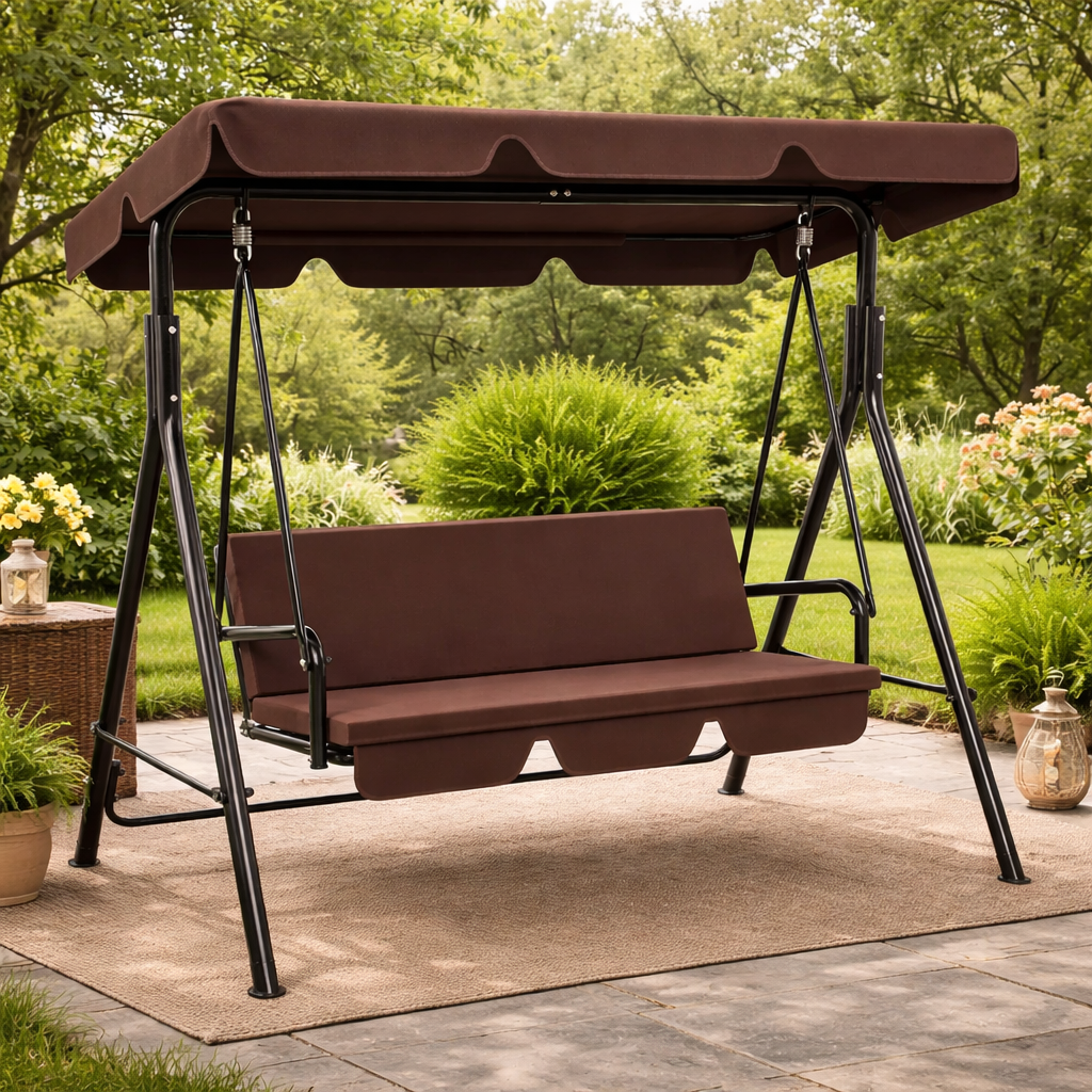 Bliss 3-Person Outdoor Swing Chair with Adjustable Canopy – Patio Swing Bench with Cushions Brown (Movients)