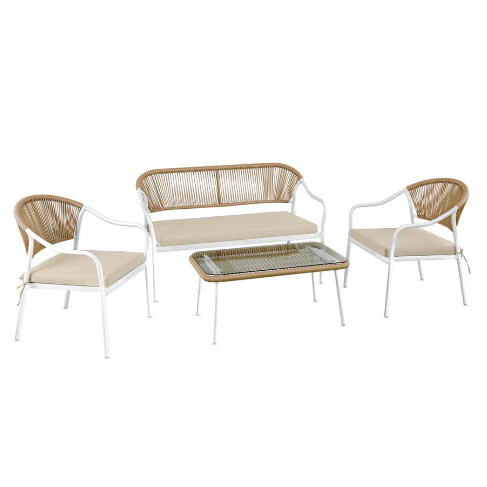 Calira 4-Piece Outdoor Sofa Set – 2-Seater, 2 Chairs & Glass Coffee Table, Rattan Patio Set Beige & Light Brown (Movients)