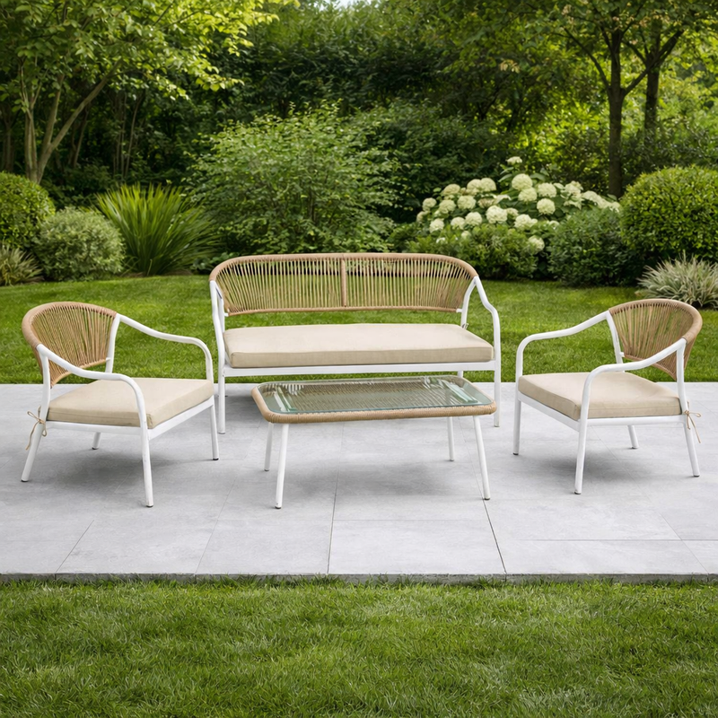 Calira 4-Piece Outdoor Sofa Set – 2-Seater, 2 Chairs & Glass Coffee Table, Rattan Patio Set Beige & Light Brown (Movients)