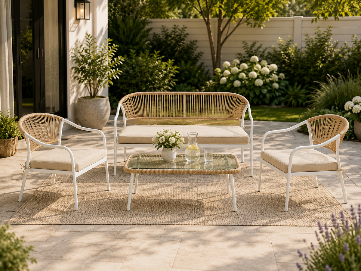 Calira 4-Piece Outdoor Rattan Sofa Set – 2-Seater, 2 Chairs & Glass Coffee Table, Beige & Light Brown