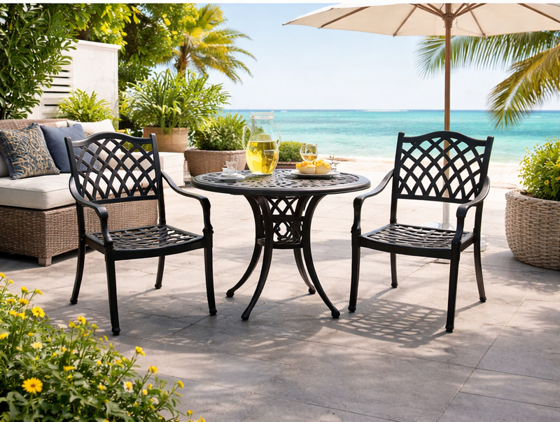 Elana 3-Piece Patio Dining Set for 2 – Cast Aluminum Outdoor Table & Chairs, Black with Umbrella Hole (Movients)