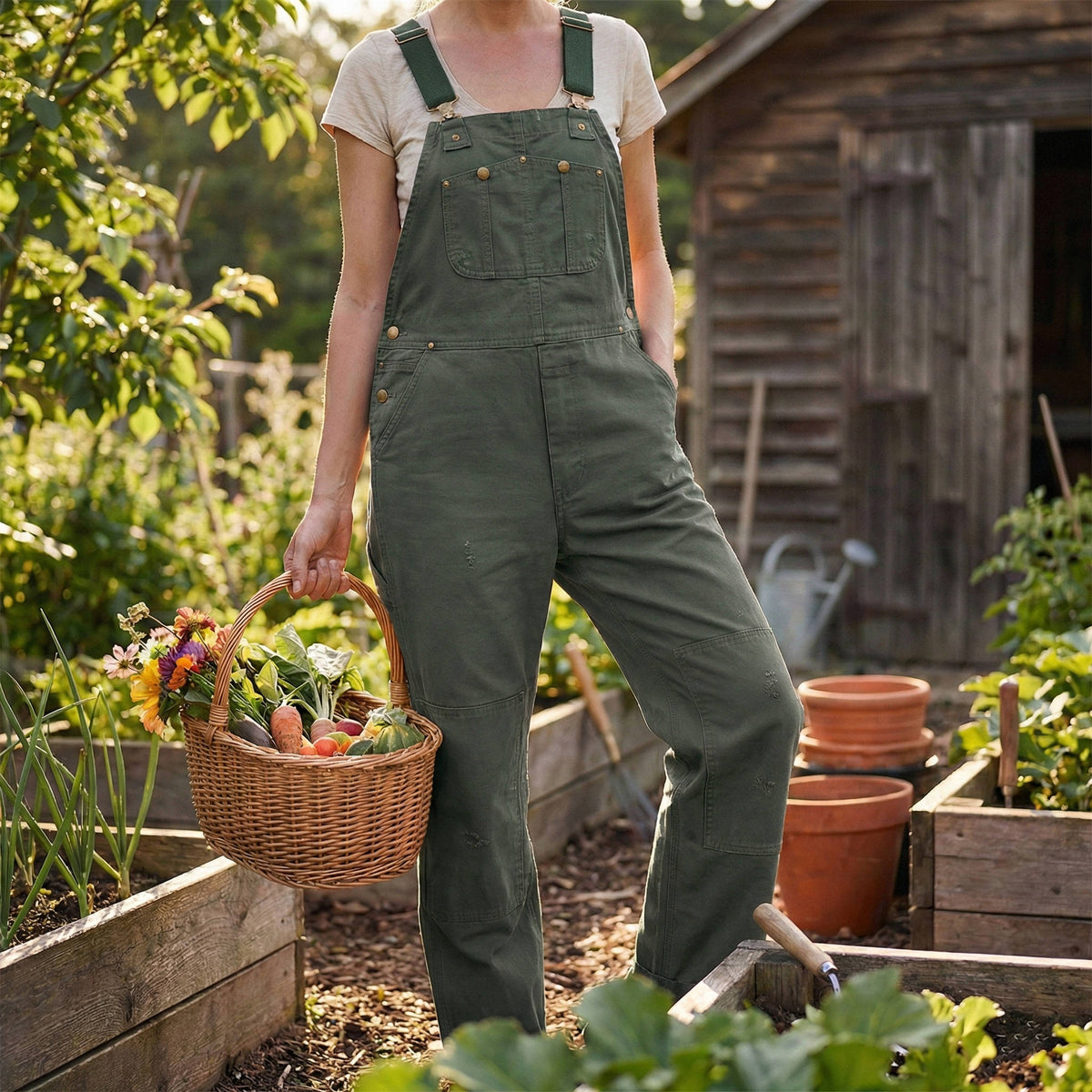 Women's Canvas Bib Overalls - Green