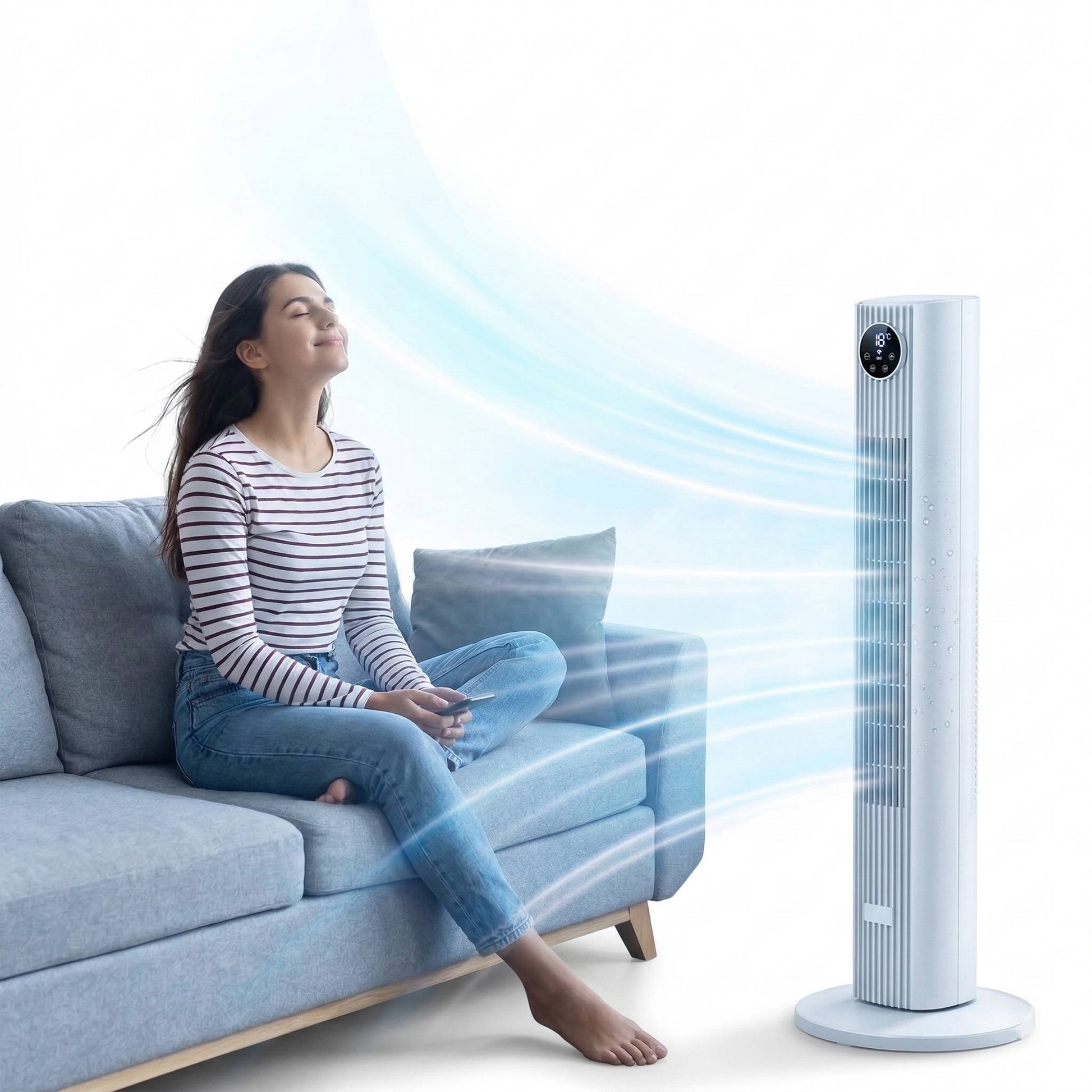 Tower air cooler in a bedroom
