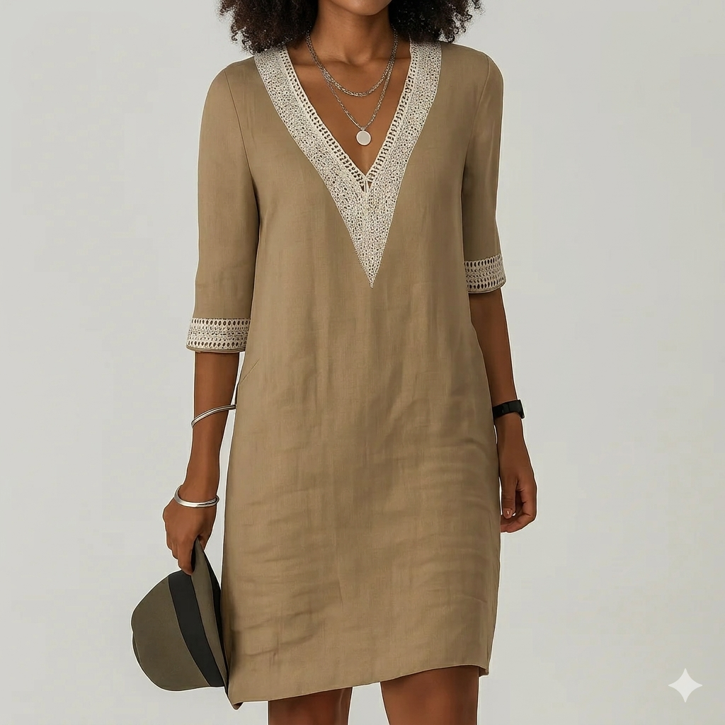 Linen midi shift dress - Khaki
