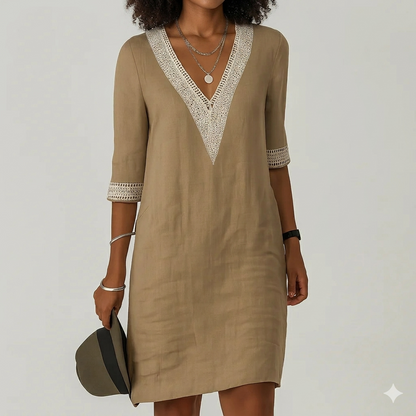 Linen midi shift dress - Khaki