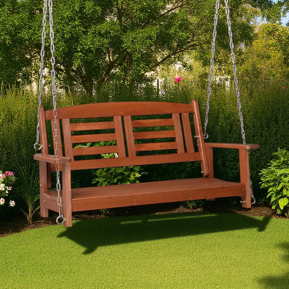 Harmony 2-Person Wooden Swing Chair with Chains – Outdoor Hanging Bench Reddish Brown Fir Wood (Movients)