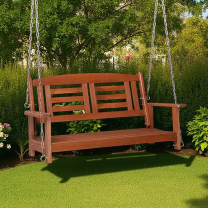 Harmony 2-Person Wooden Swing Chair with Chains – Outdoor Hanging Bench Reddish Brown Fir Wood (Movients)