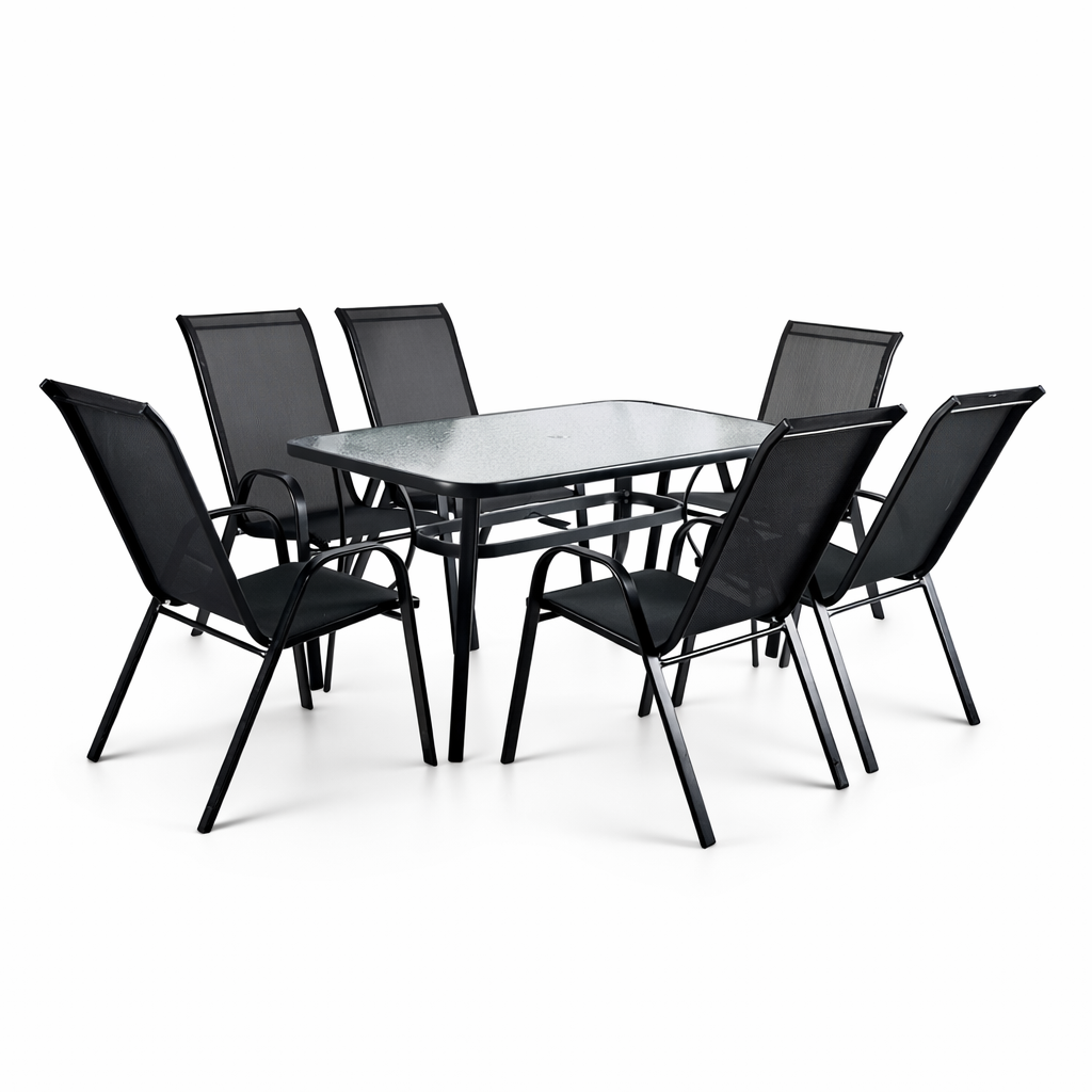 Kara 7-Piece Outdoor Dining Set for 6 – Glass Top Table with Sling Chairs, Black Patio Set (Movients)