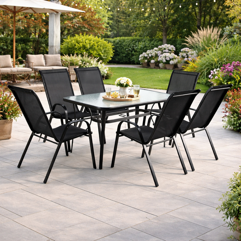 Kara 7-Piece Outdoor Dining Set for 6 – Glass Top Table with Sling Chairs, Black Patio Set (Movients)