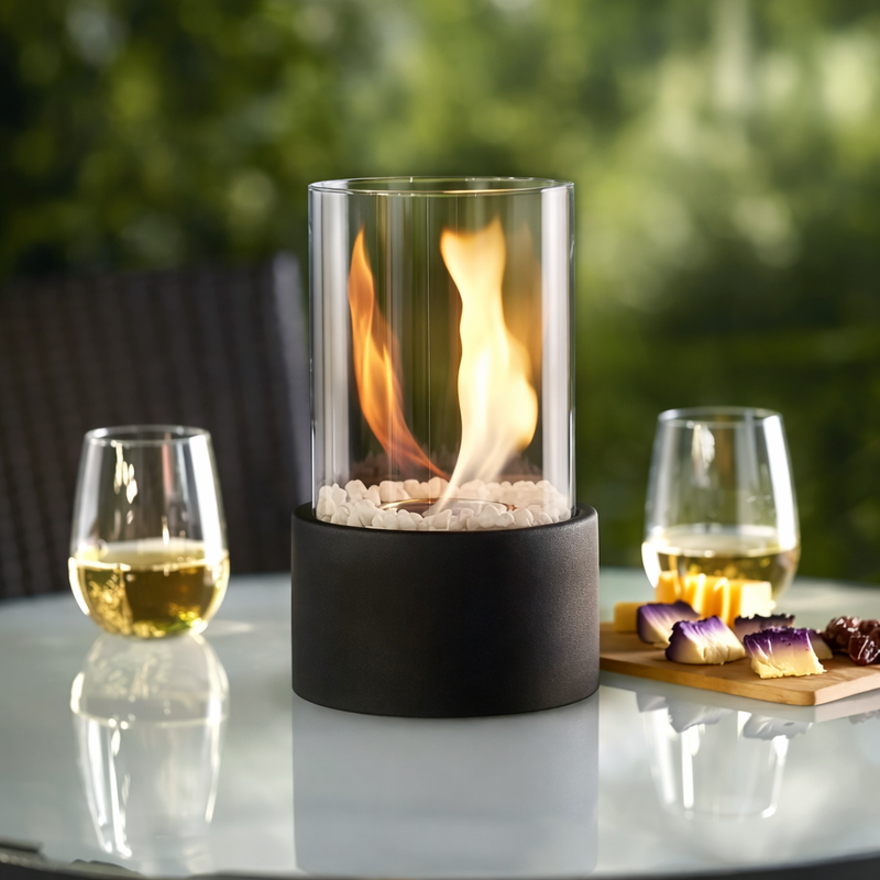 Portable Tabletop Bioethanol Fireplace with Glass Panels – Indoor Decorative Fire Feature Metal Base Design (Movients)