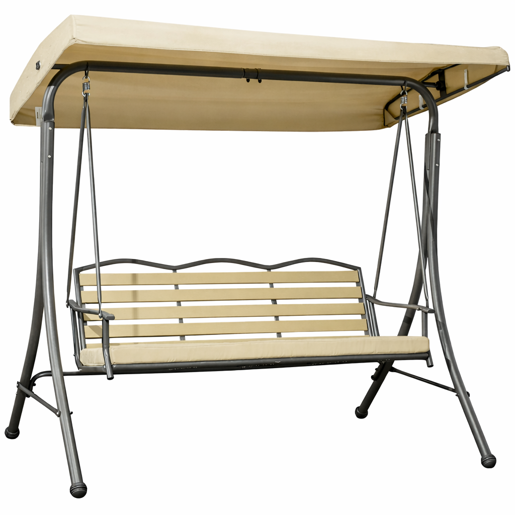 Trio 3-Person Outdoor Porch Swing with Canopy – Cushioned Patio Swing Bench Beige (Movients)