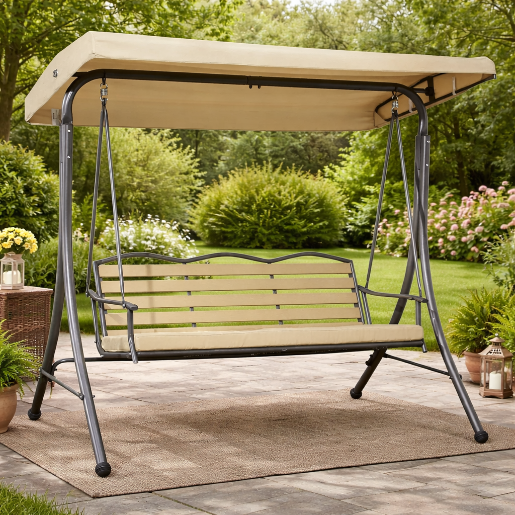 Trio 3-Person Outdoor Porch Swing with Canopy – Cushioned Patio Swing Bench Beige (Movients)