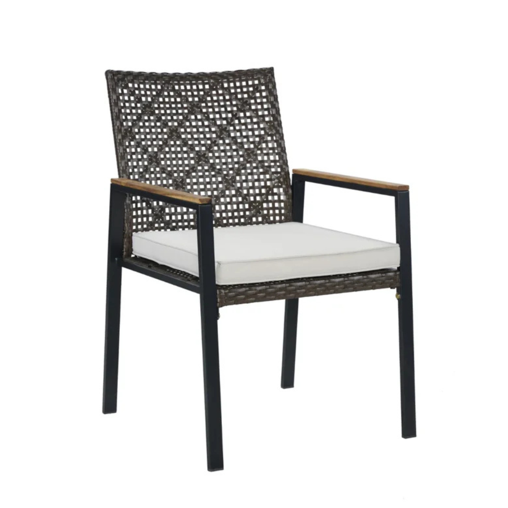 Verano 5-Piece Rattan Patio Dining Set – Acacia Wood Table with 4 Stackable Chairs & Cushions (Movients)