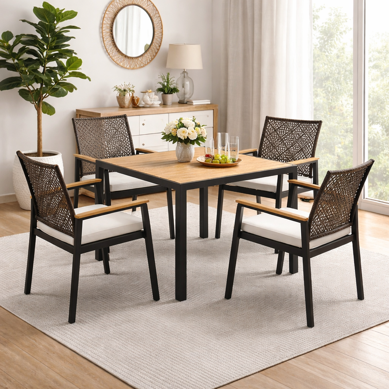 Verano 5-Piece Rattan Patio Dining Set – Acacia Wood Table with 4 Stackable Chairs & Cushions (Movients)