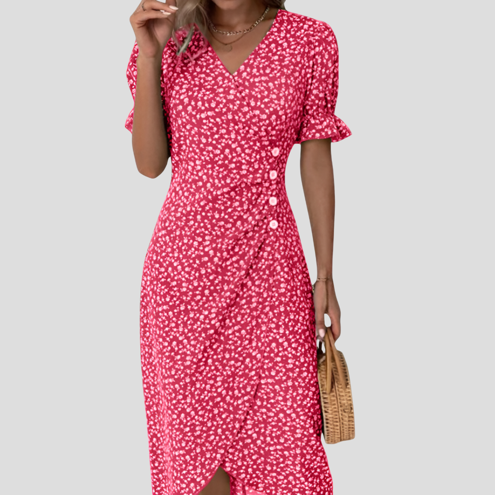 Women's Elegant Floral Midi Dress in red