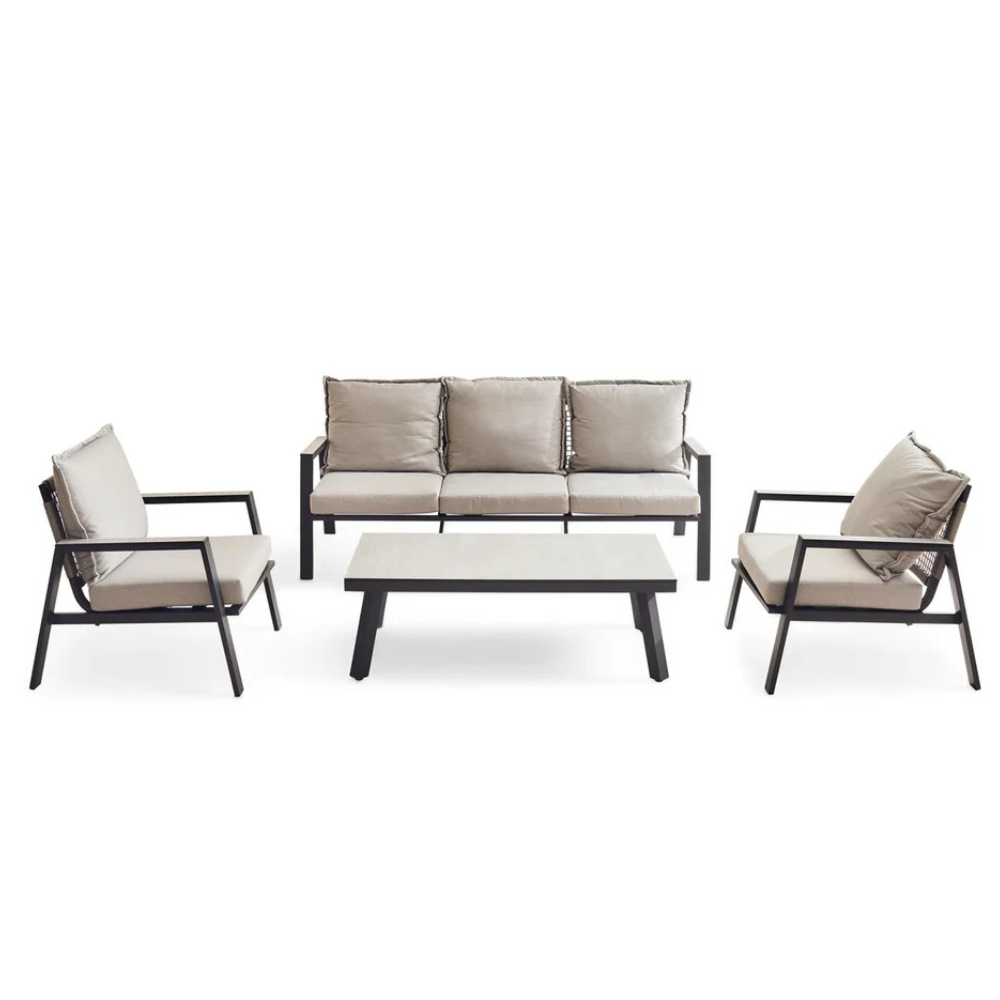 Zanari 4-Piece Outdoor Sofa Set – 3-Seater, 2 Armchairs & Coffee Table, Aluminum Frame Light Grey (Movients)