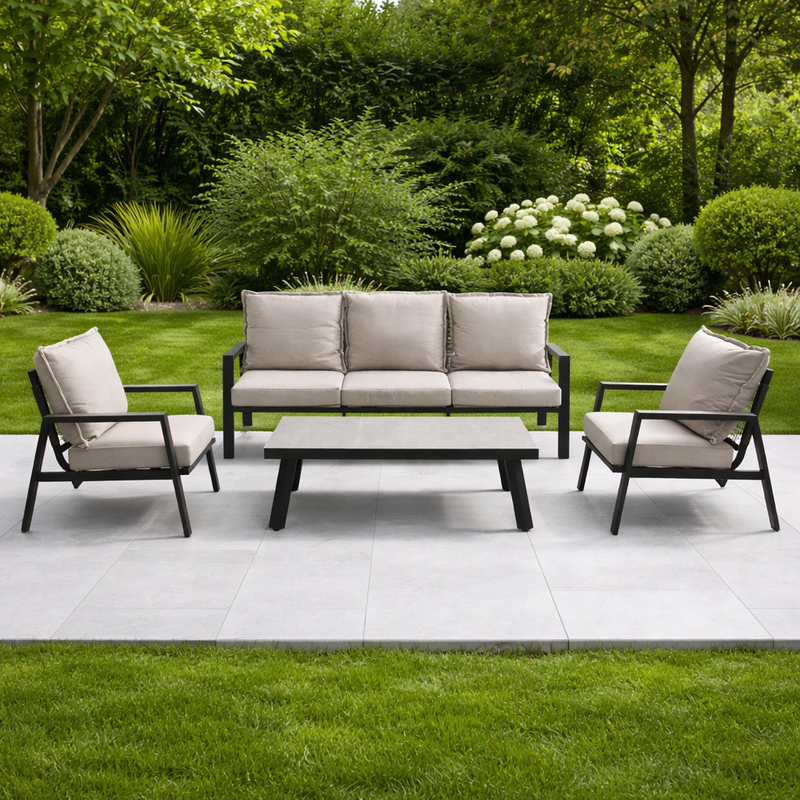 Zanari 4-Piece Outdoor Sofa Set – 3-Seater, 2 Armchairs & Coffee Table, Aluminum Frame Light Grey (Movients)