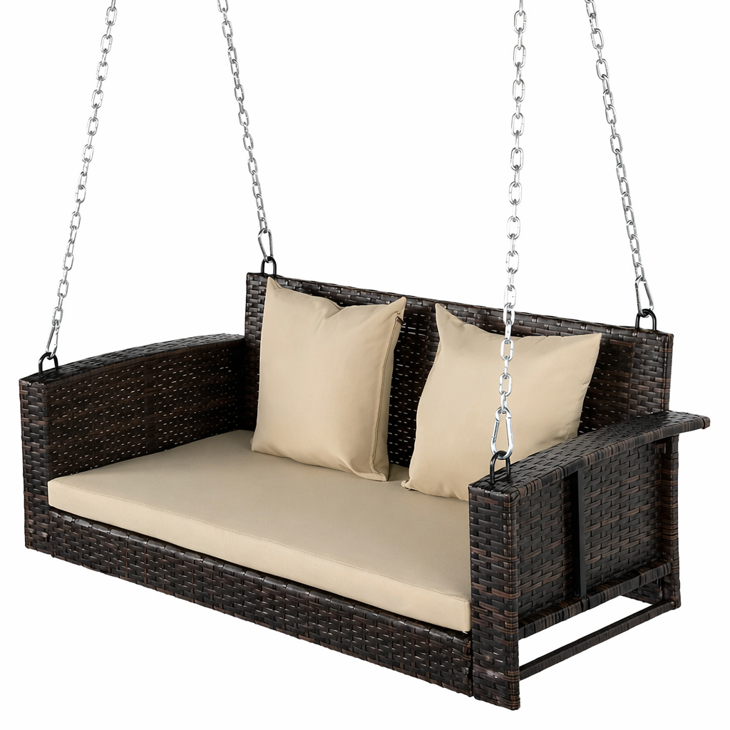 Zen 2-Person Rattan Hanging Porch Swing Chair with Cushions & Chains – Outdoor Patio Swing Bench (Movients)