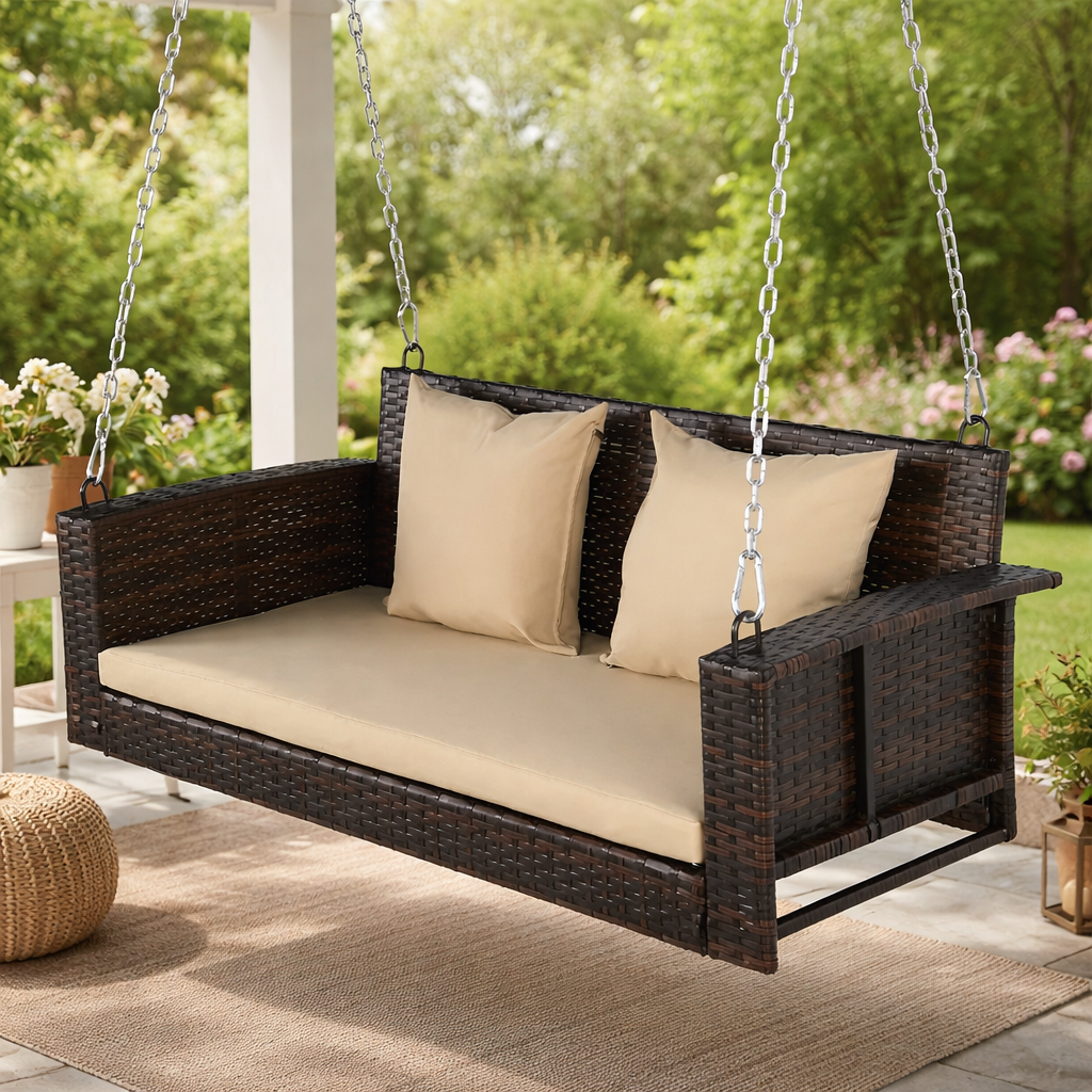 Zen 2-Person Rattan Hanging Porch Swing Chair with Cushions & Chains – Outdoor Patio Swing Bench (Movients)