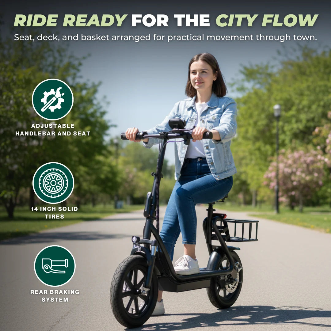 Foldable Electric Scooter with Seat, Rear Basket, 14 Inch Tires