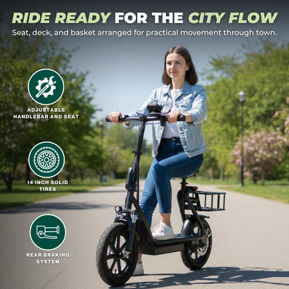 Foldable Electric Scooter with Seat, Rear Basket, 14 Inch Tires
