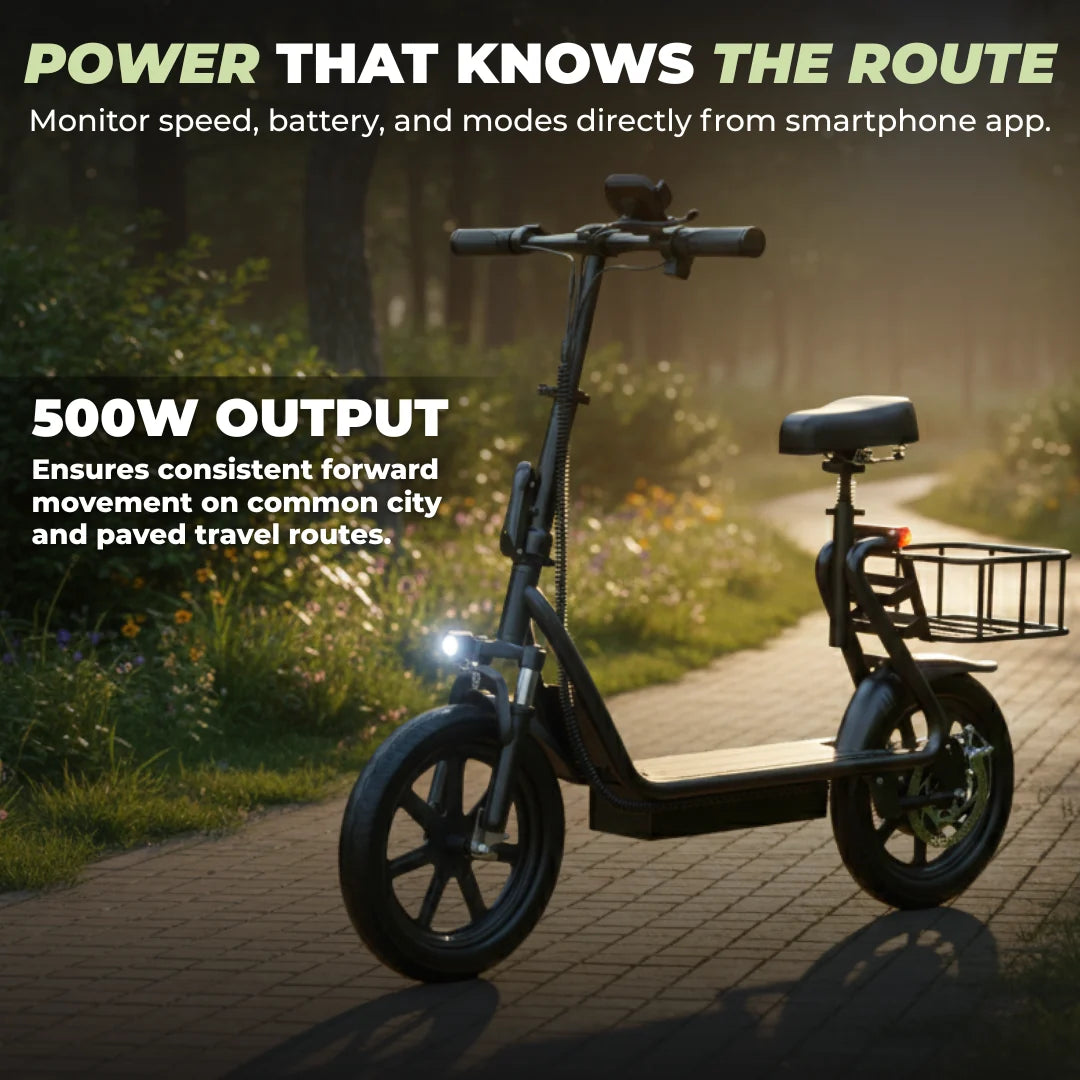 Foldable Electric Scooter with Seat, Rear Basket, 14 Inch Tires