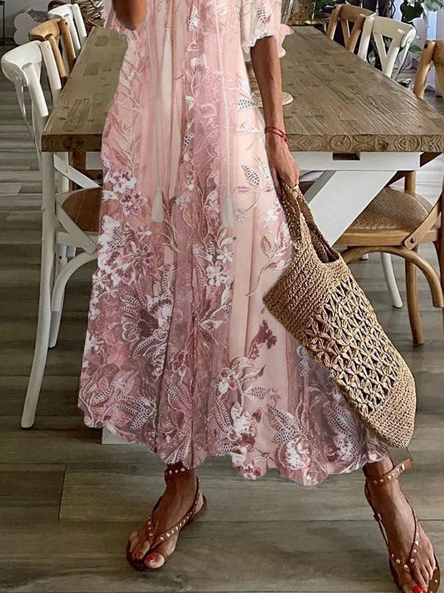 Lace Floral Print V-Neck Maxi Dress worn
