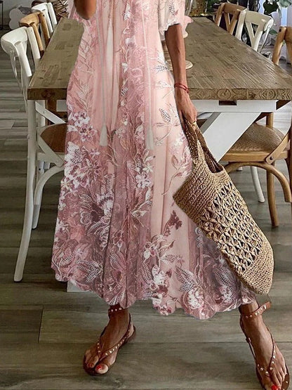Lace Floral Print V-Neck Maxi Dress worn