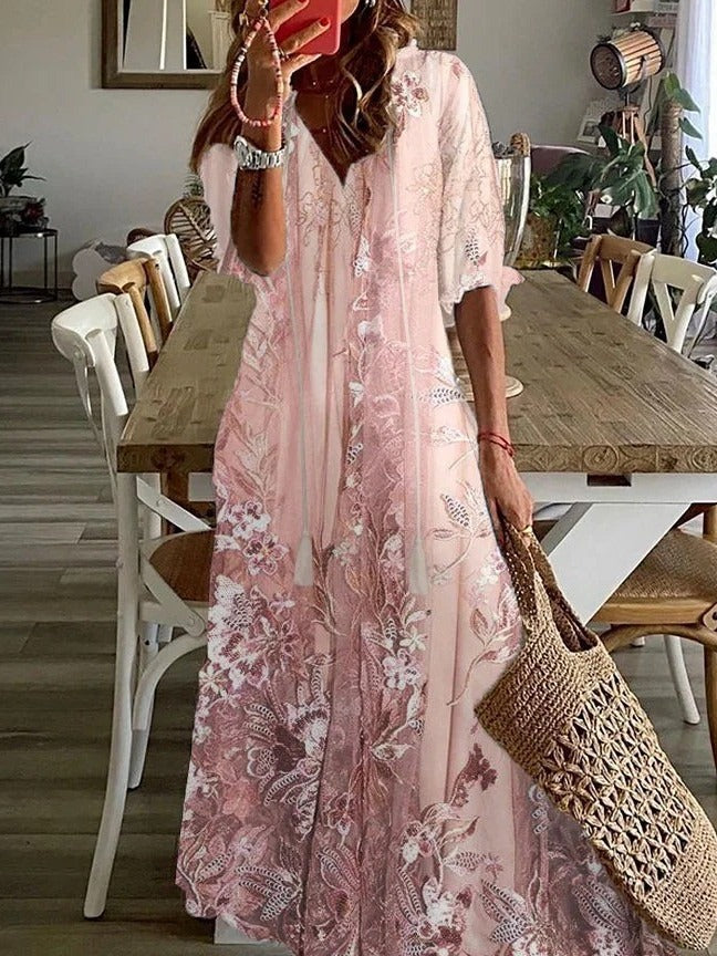 Lace Floral Print V-Neck Maxi Dress side