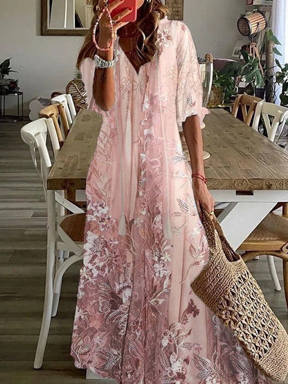 Lace Floral Print V-Neck Maxi Dress side
