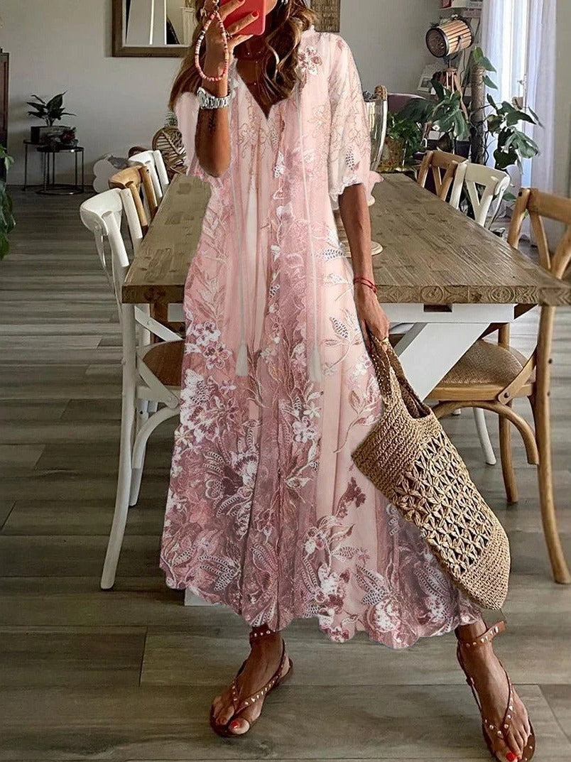 Lace Floral Print V-Neck Maxi Dress - Pink