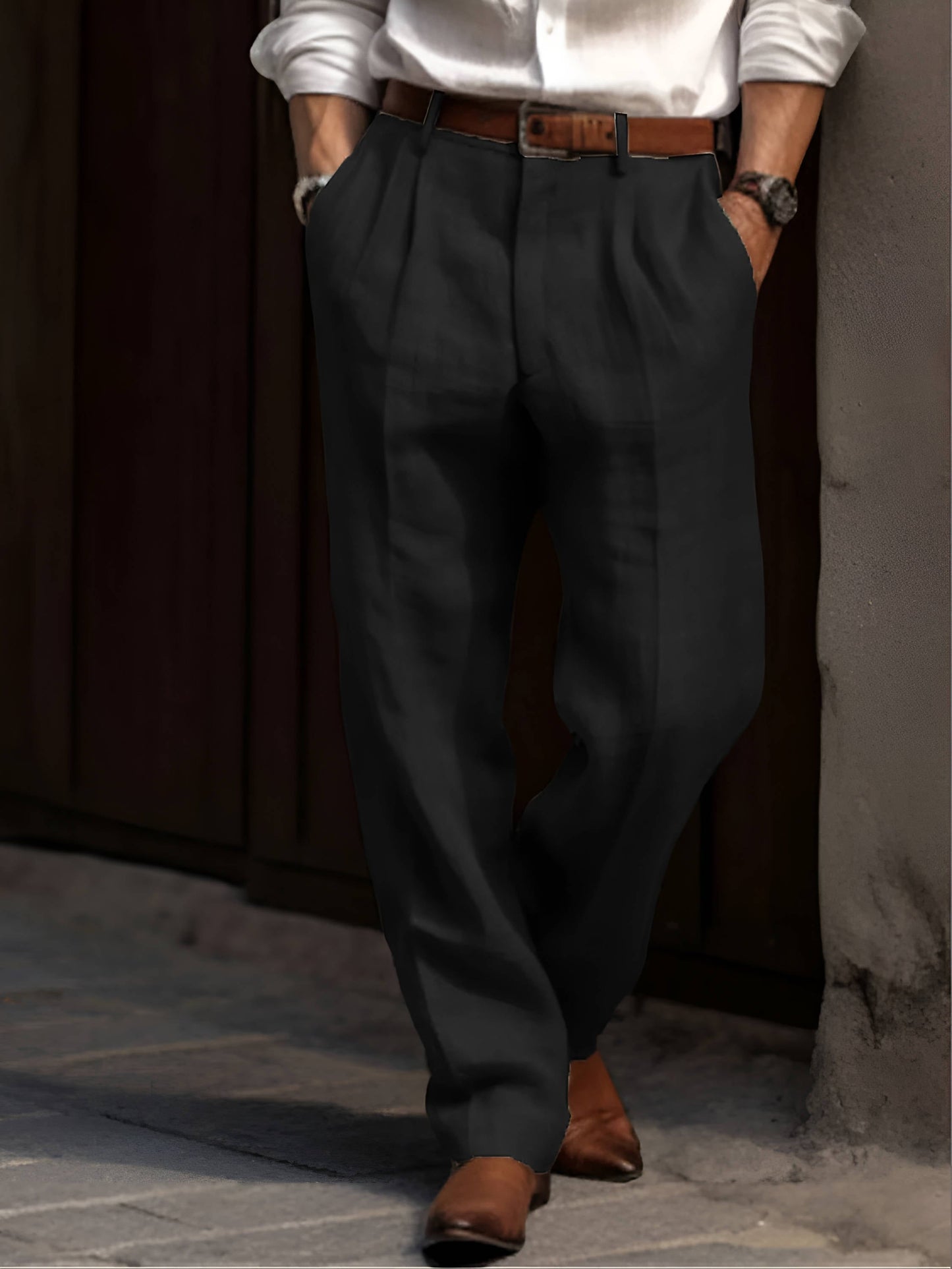 Classic Pleated Linen Pants - Black