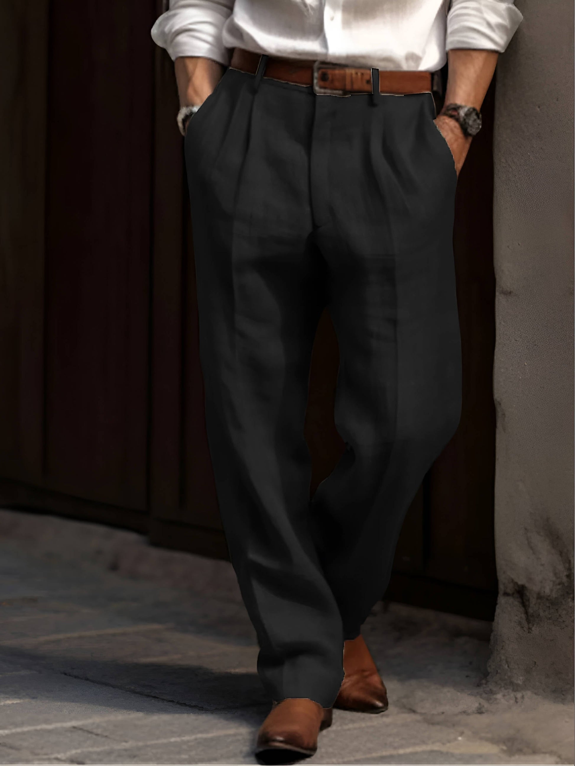 Classic Pleated Linen Pants - Black