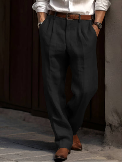 Classic Pleated Linen Pants - Black