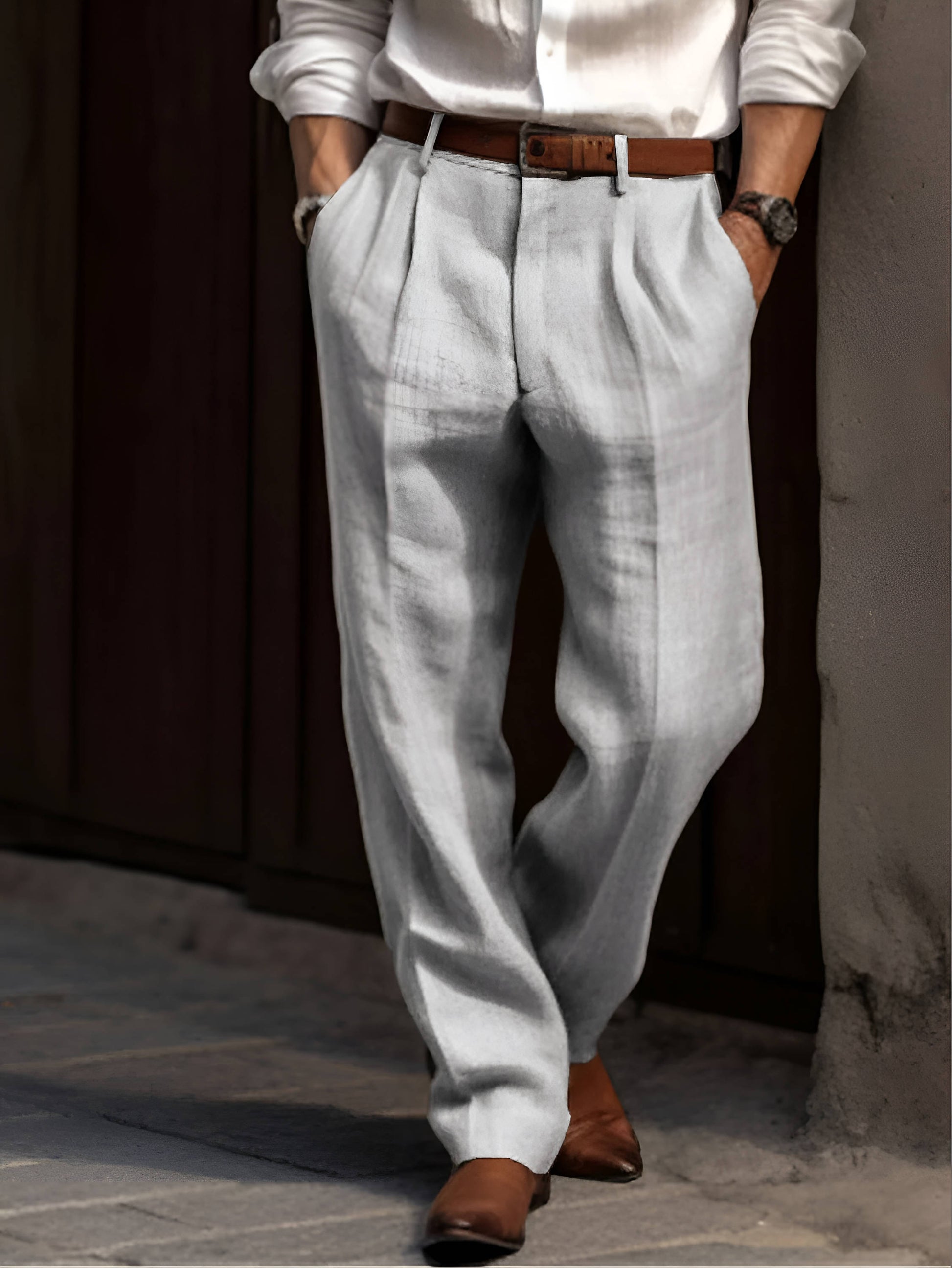 Classic Pleated Linen Pants - Gray