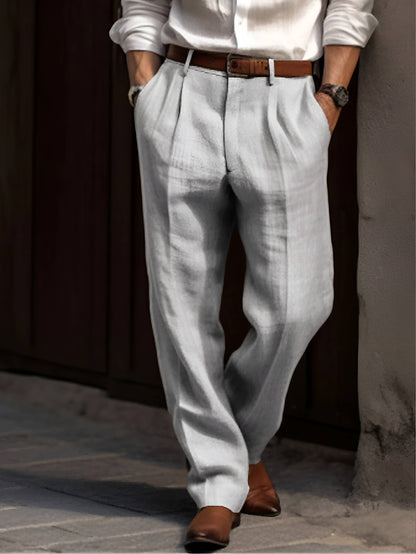 Classic Pleated Linen Pants - Gray