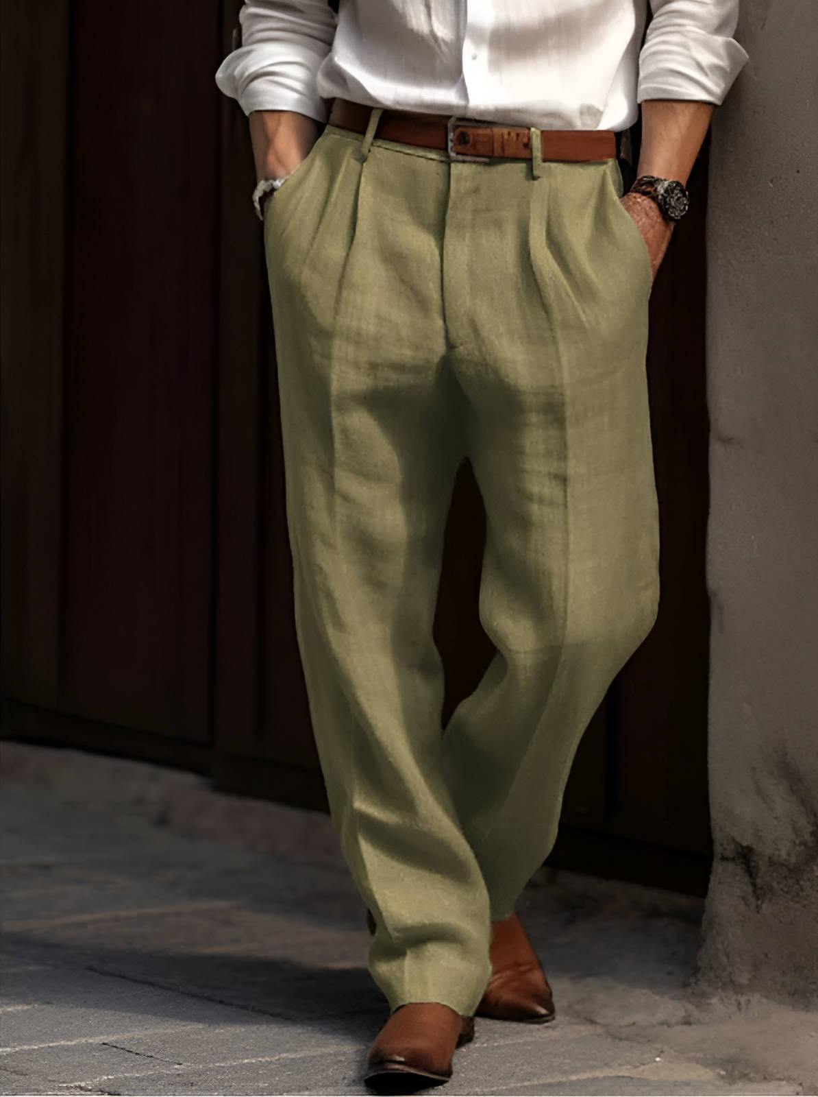 Classic Pleated Linen Pants - Green