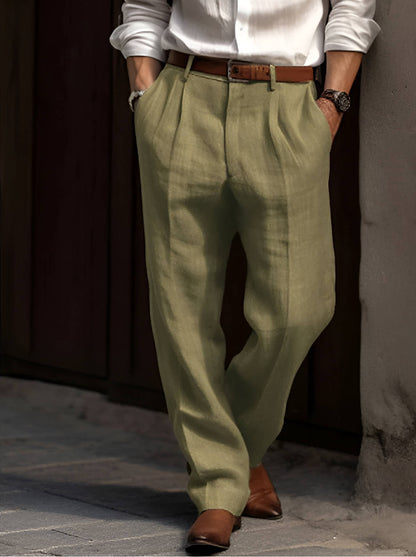 Classic Pleated Linen Pants - Green