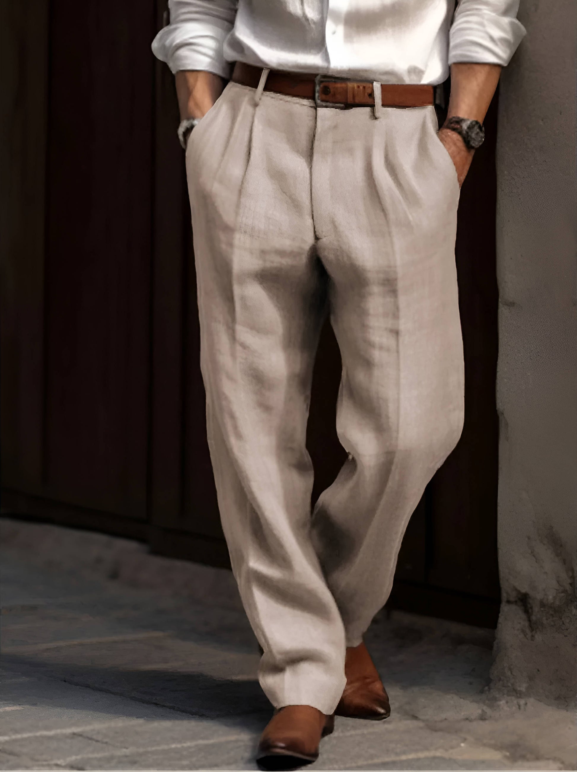 Classic Pleated Linen Pants - Beige