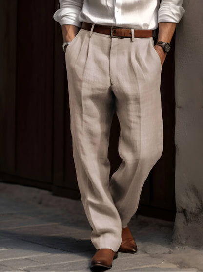 Classic Pleated Linen Pants - Beige