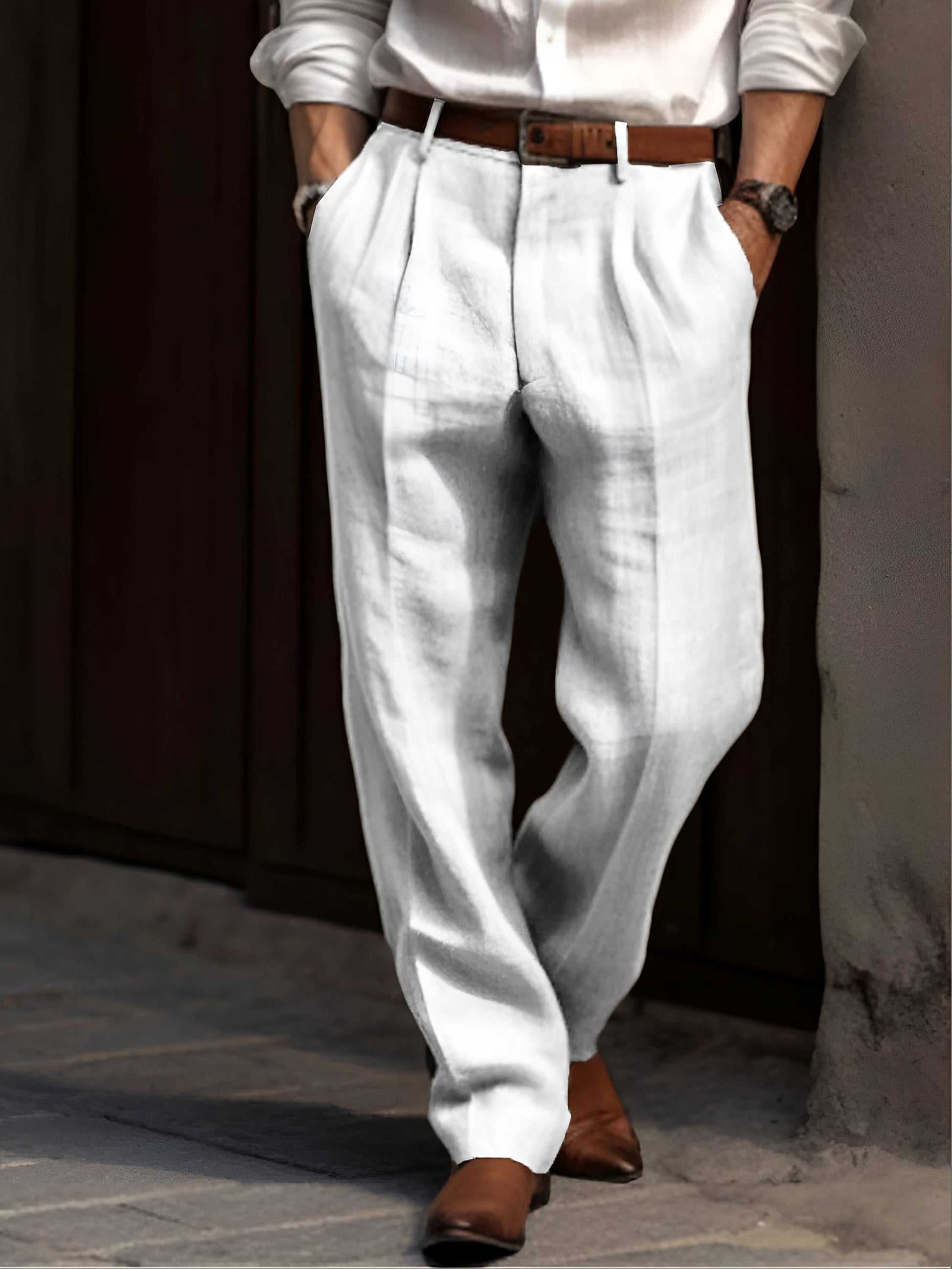 Classic Pleated Linen Pants - White