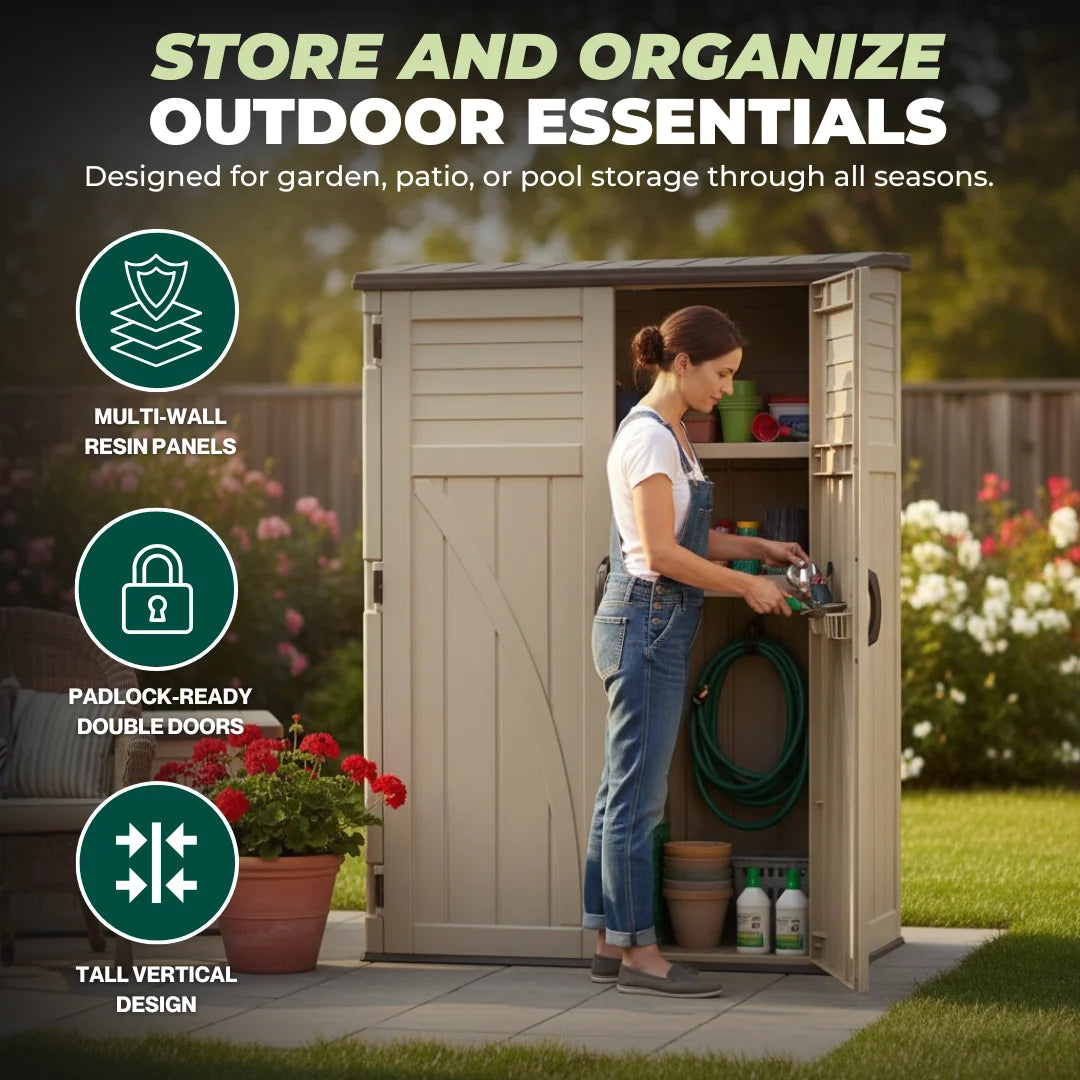 Outdoor Resin Storage Shed, Tall Vertical Cabinet with Double Doors